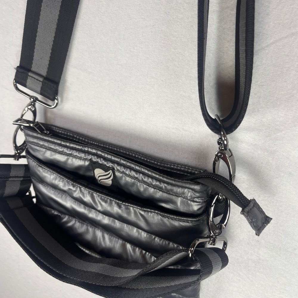 Think Royln Black Metallic Puffer Crossbody Bag Quilted Nylon Shoulder Handbag